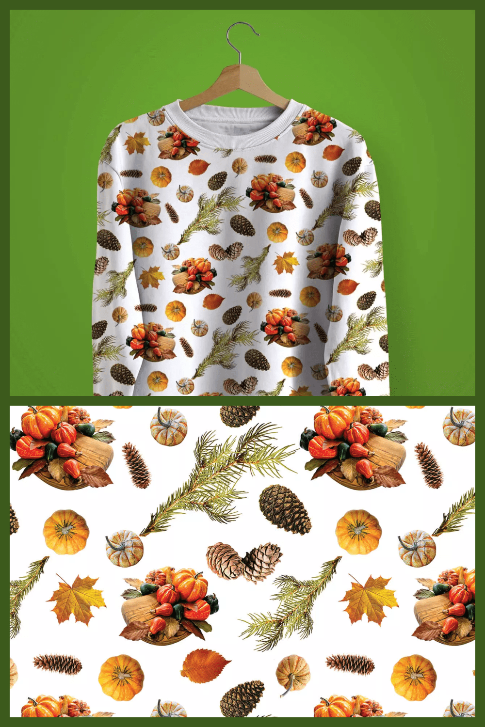 White hoodie with images of twigs, pumpkins, cones.