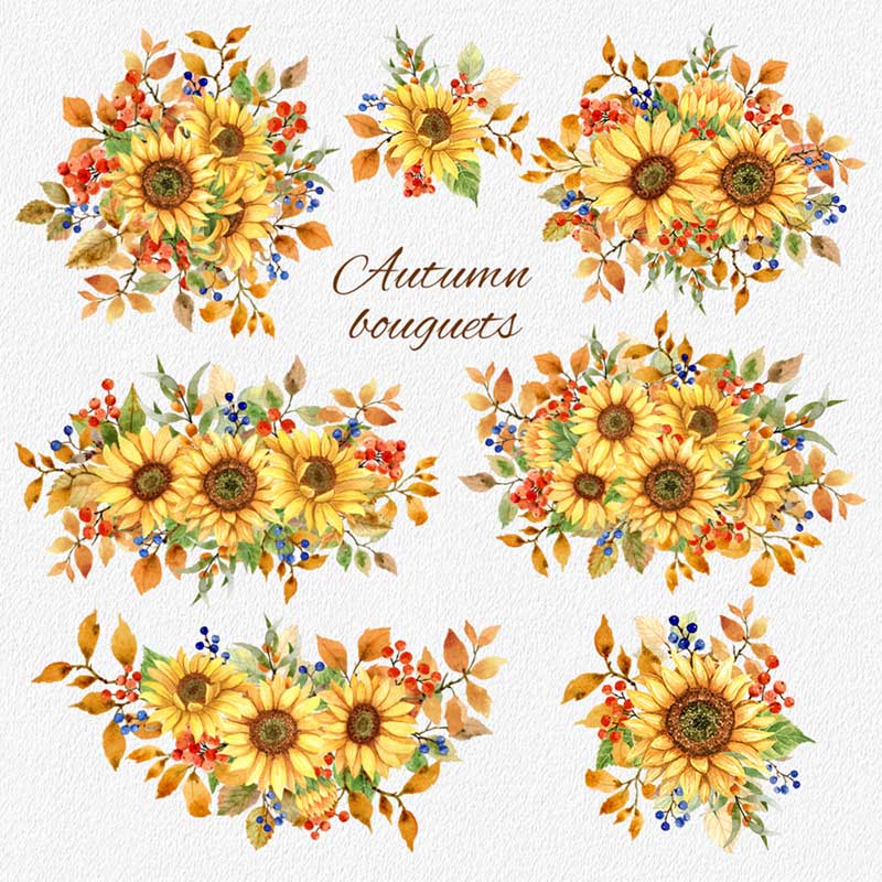 Collection of Bright Watercolor Autumn Clipart, autumn bouquets.
