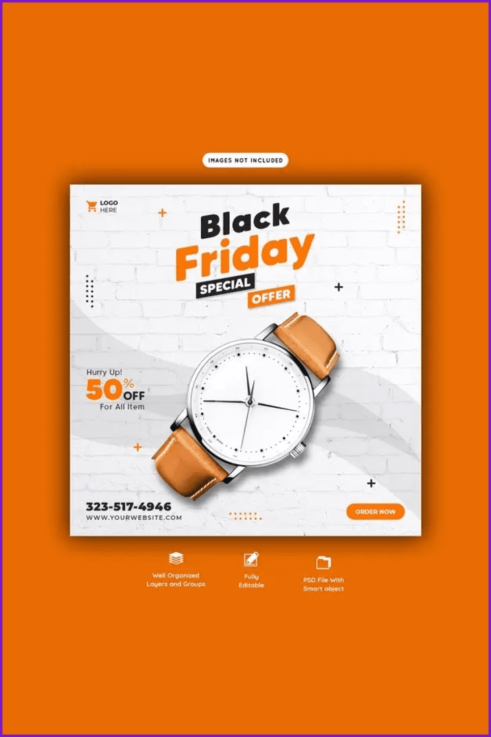 Poster for black friday with classic wrist watch on gray background.