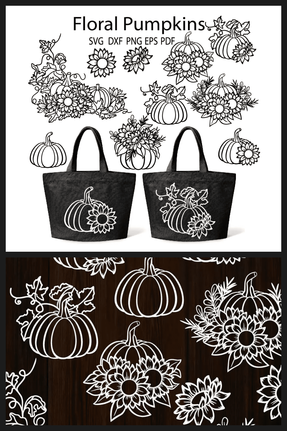 Collage with sketches of pumpkins, sunflowers and bags with pumpkin prints.