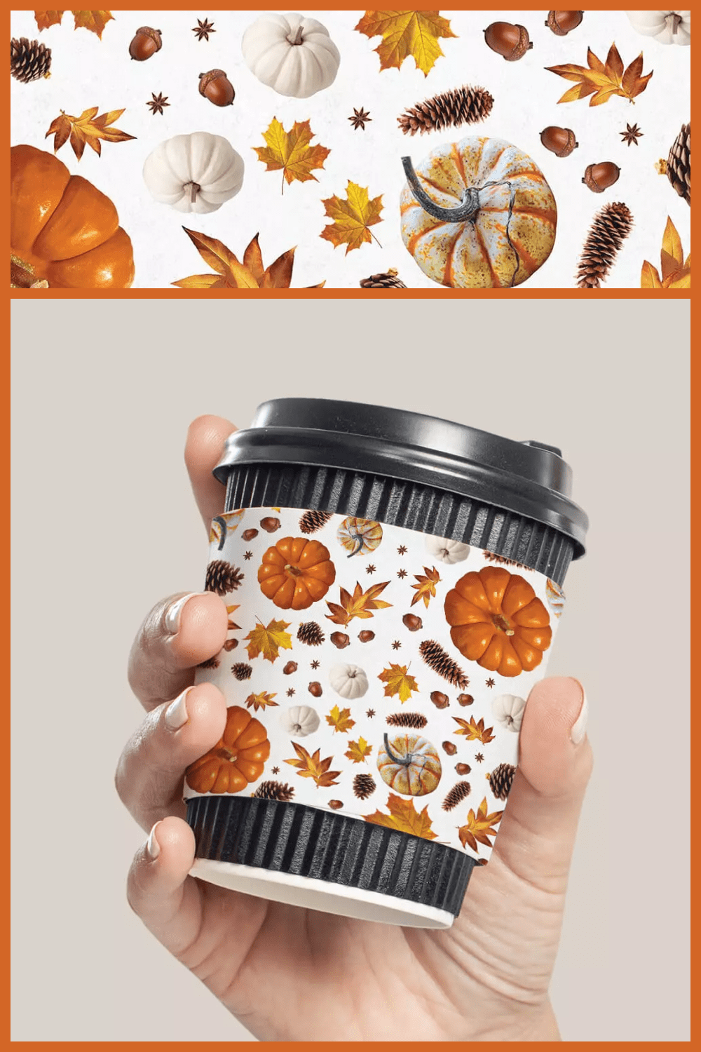 Cup of coffee with a wrapper with pumpkins, cones, leaves in hand.