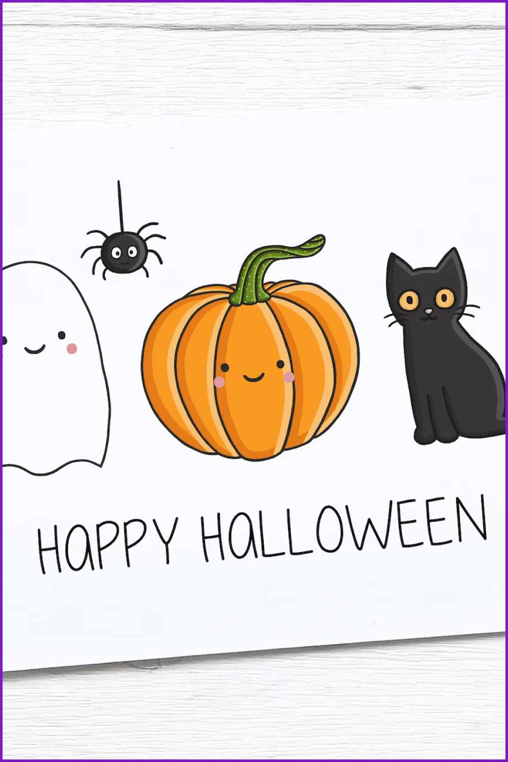 White greeting card with cute ghost, pumpkin, spider and cat.