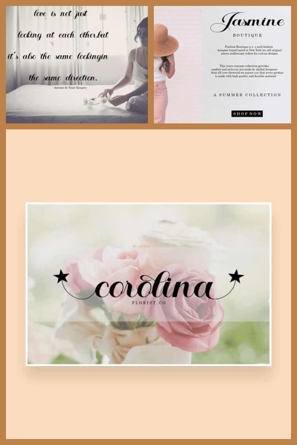 Beautiful, handwritten font against the background of a bouquet of flowers and a girl in the room.
