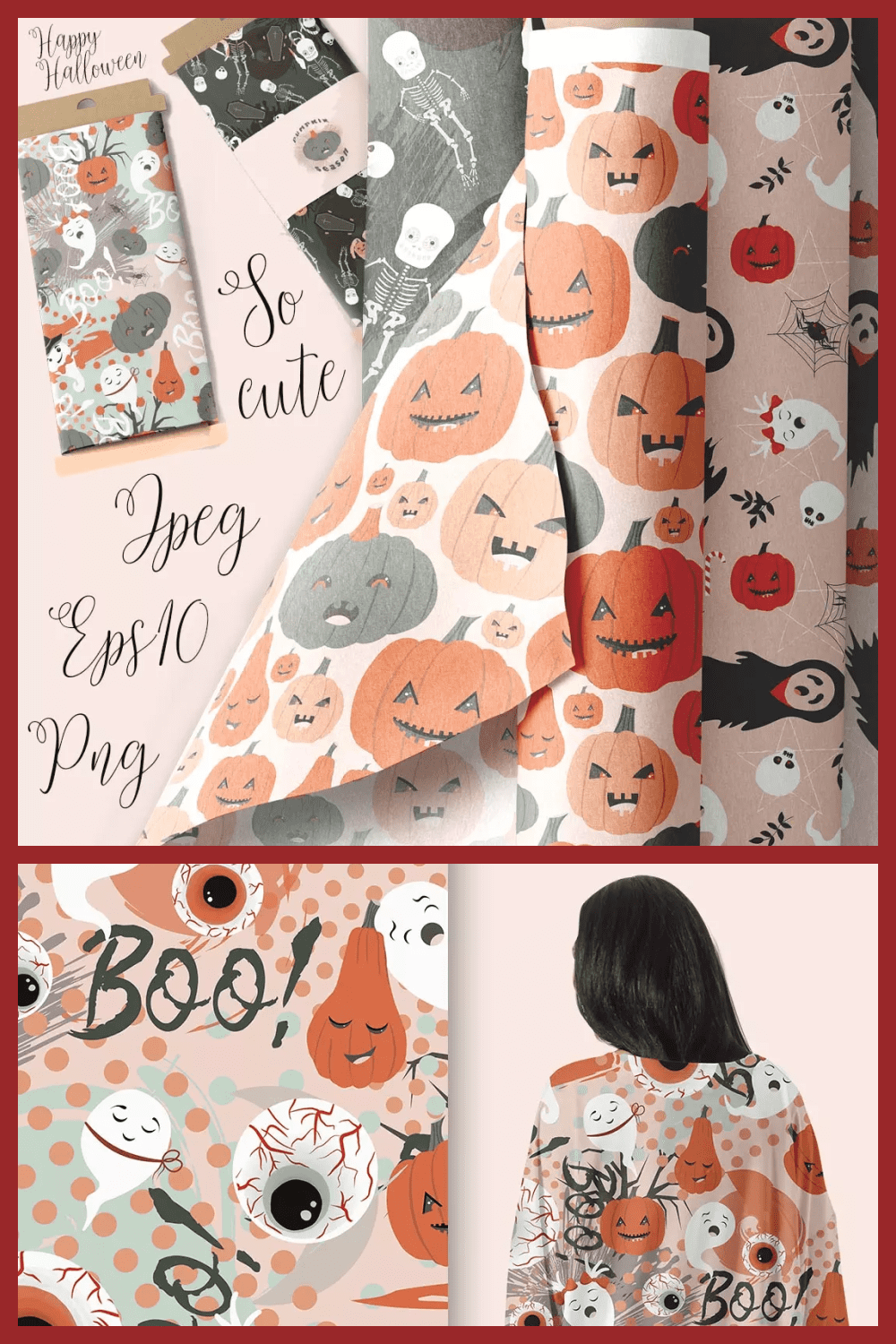 Wrapping paper with Halloweenas patterns with pumpkins and ghosts.