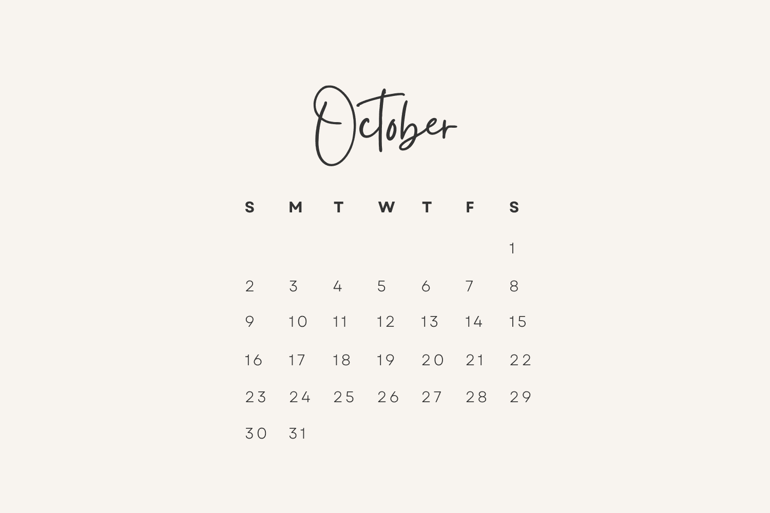 Simple Aesthetic Monthly Calendar for October.