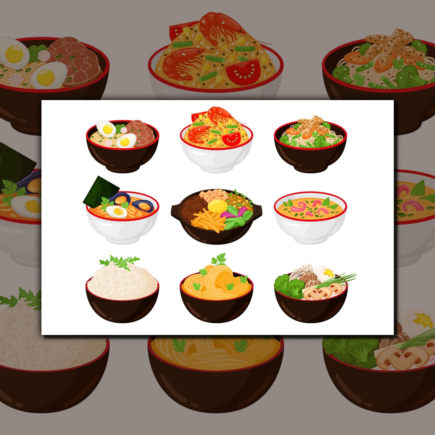Asian traditional cuisine noodles, wok, soup bowls. Japanese cover.