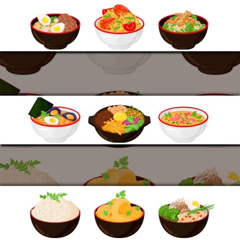 Asian traditional cuisine noodles, wok, soup bowls. Japanese.
