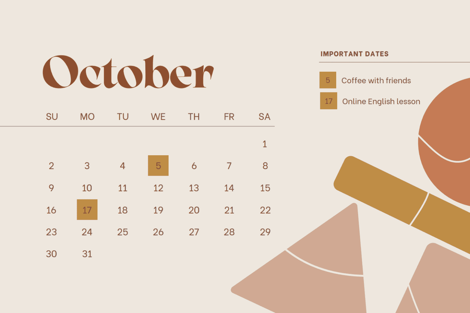October calendar with highlighted important days.