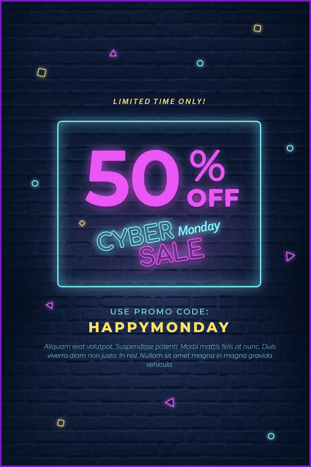 Poster for Cyber Monday with neon text and numbers on blue background.