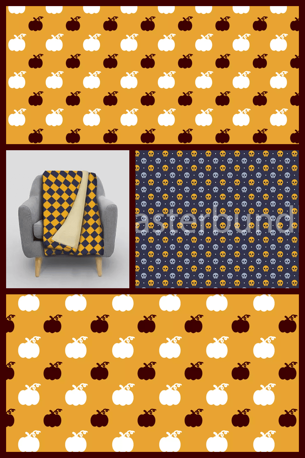 Wrapping paper with pumpkins and skulls on orange and blue background.