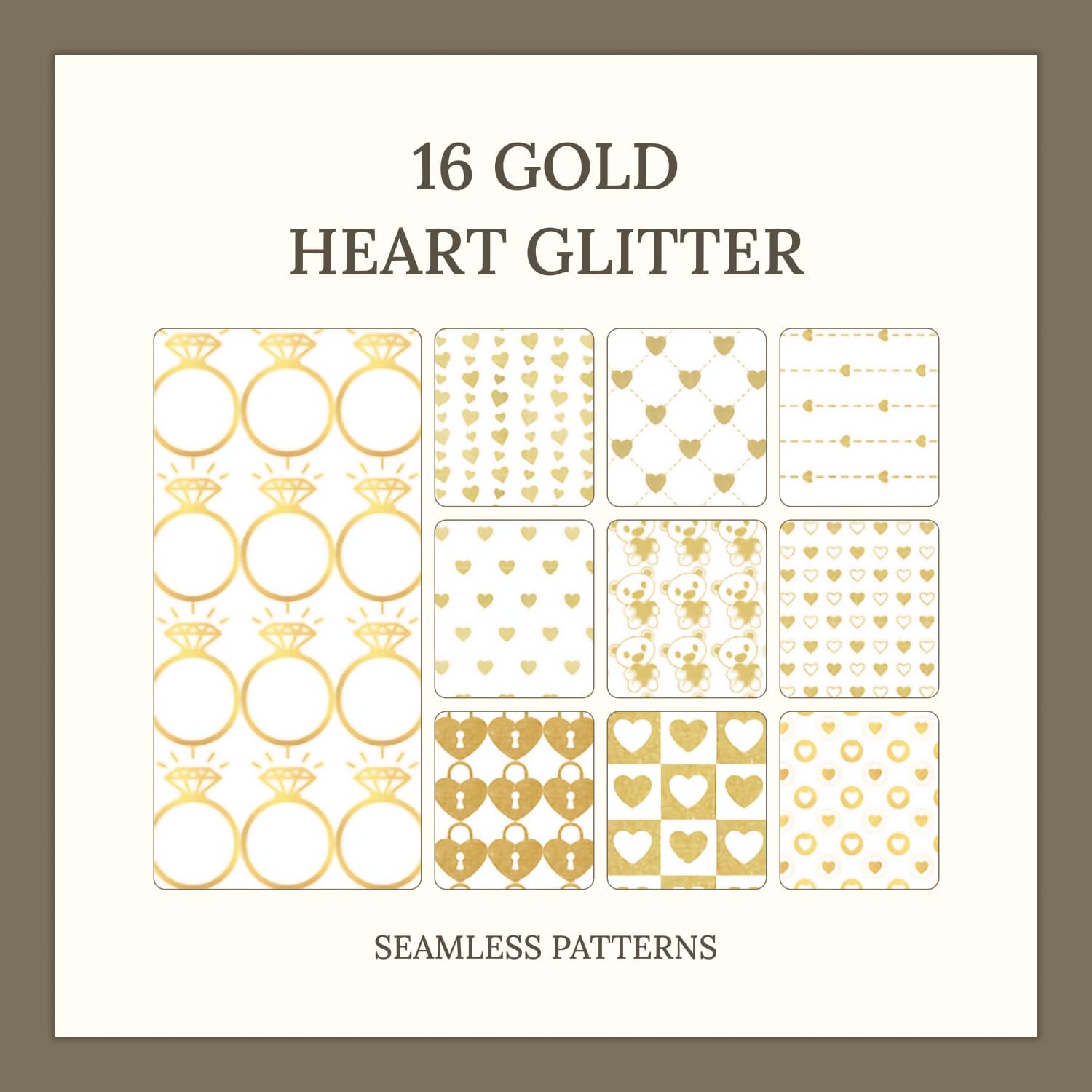 16 GOLD HEART GLITTER SEAMLESS PATTERNS.