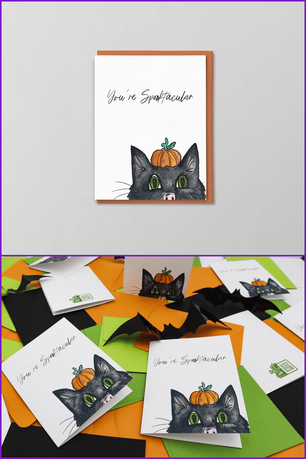 Photo of Halloween cards with black cat and orange pumpkin.