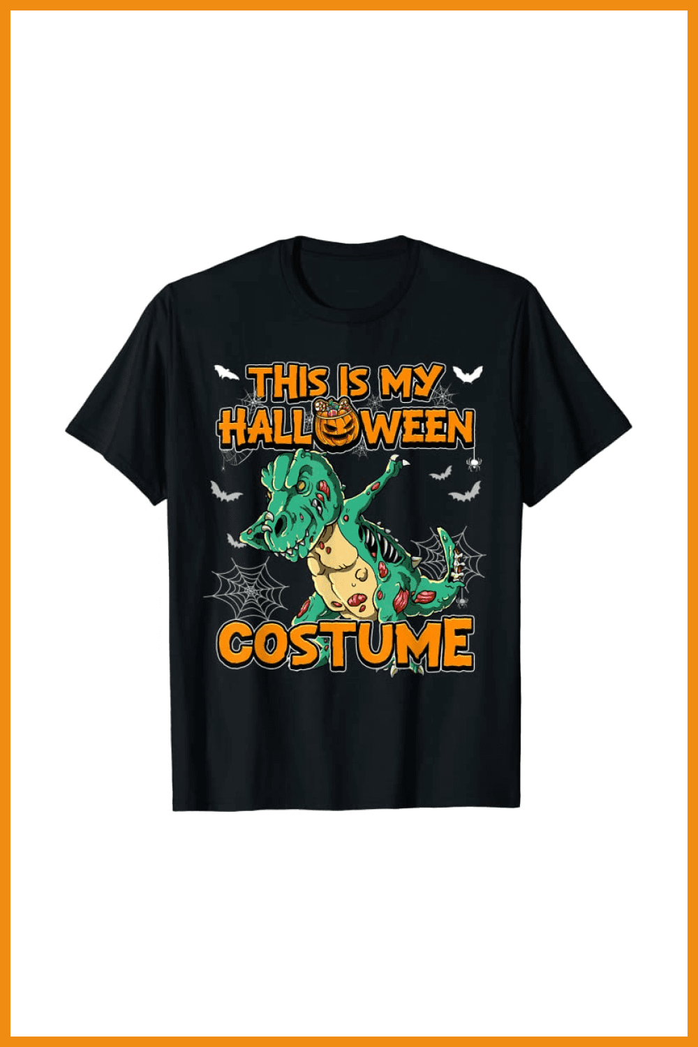 Black T-shirt with an evil green tyrannosaurus rex and orange lettering.