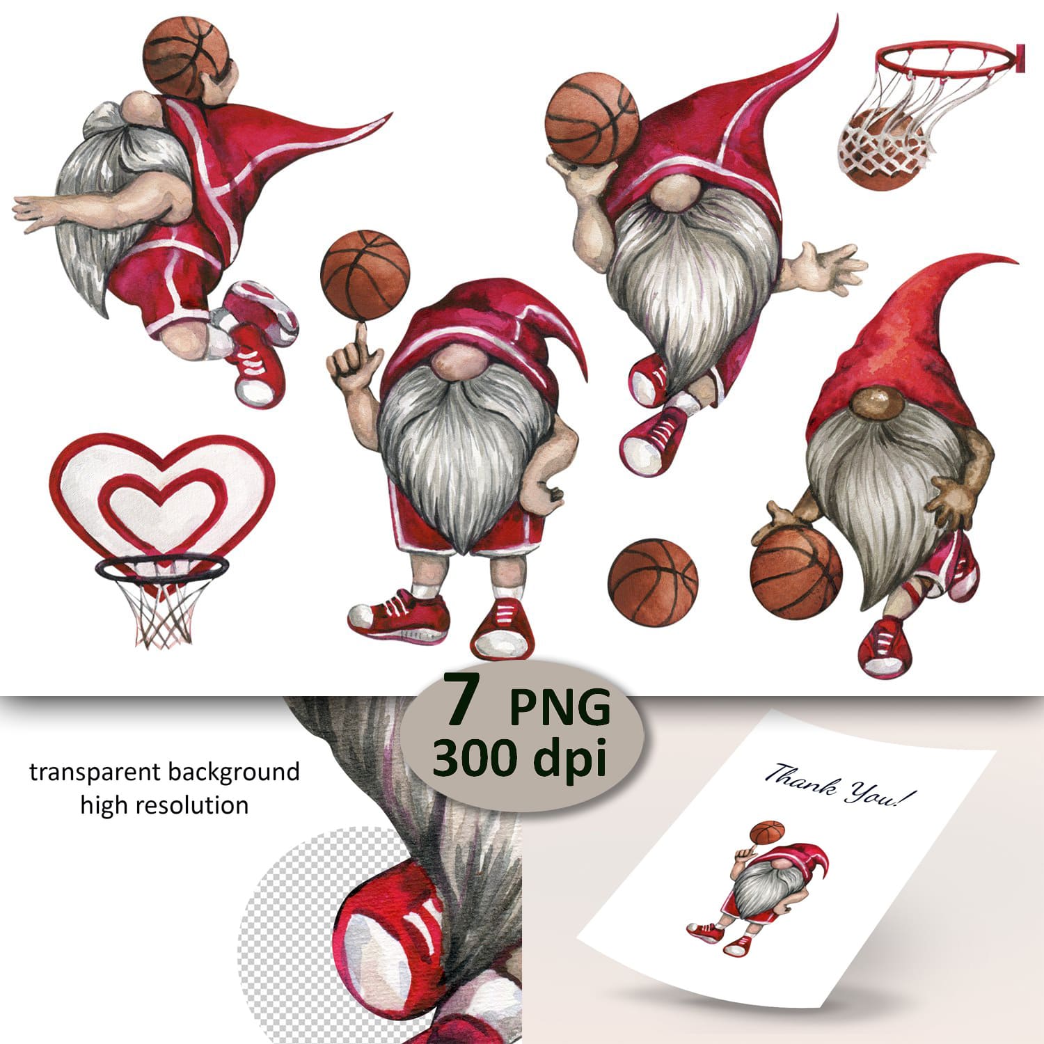 Watercolor basketball gnomes clipart set Created By WatercolorWine.