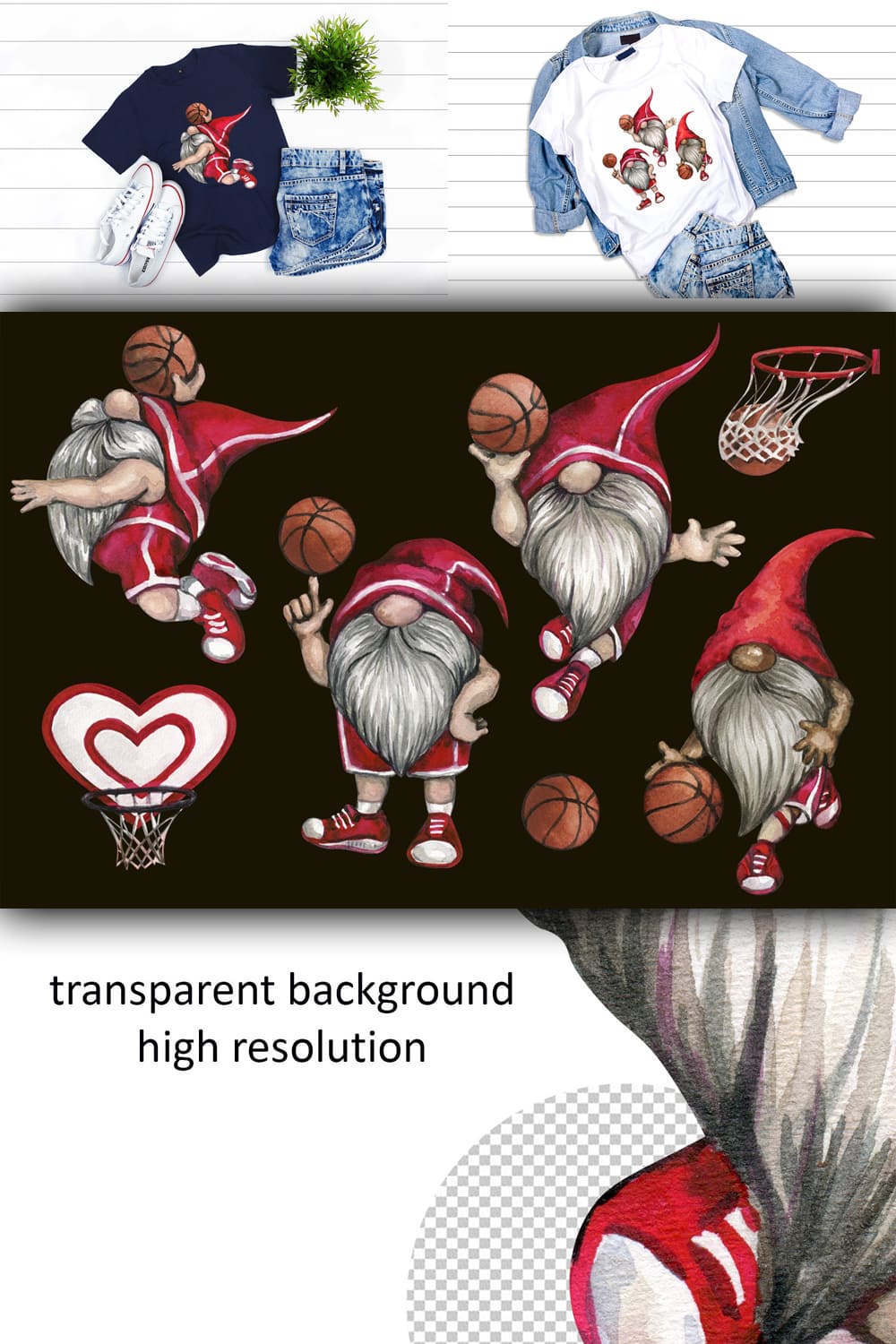 Watercolor basketball gnomes clipart set - pinterest image preview.