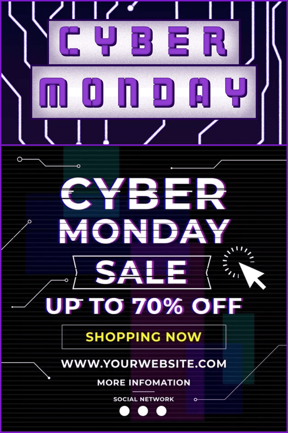 Flyer for Cyber Monday with large white text on a blue background.