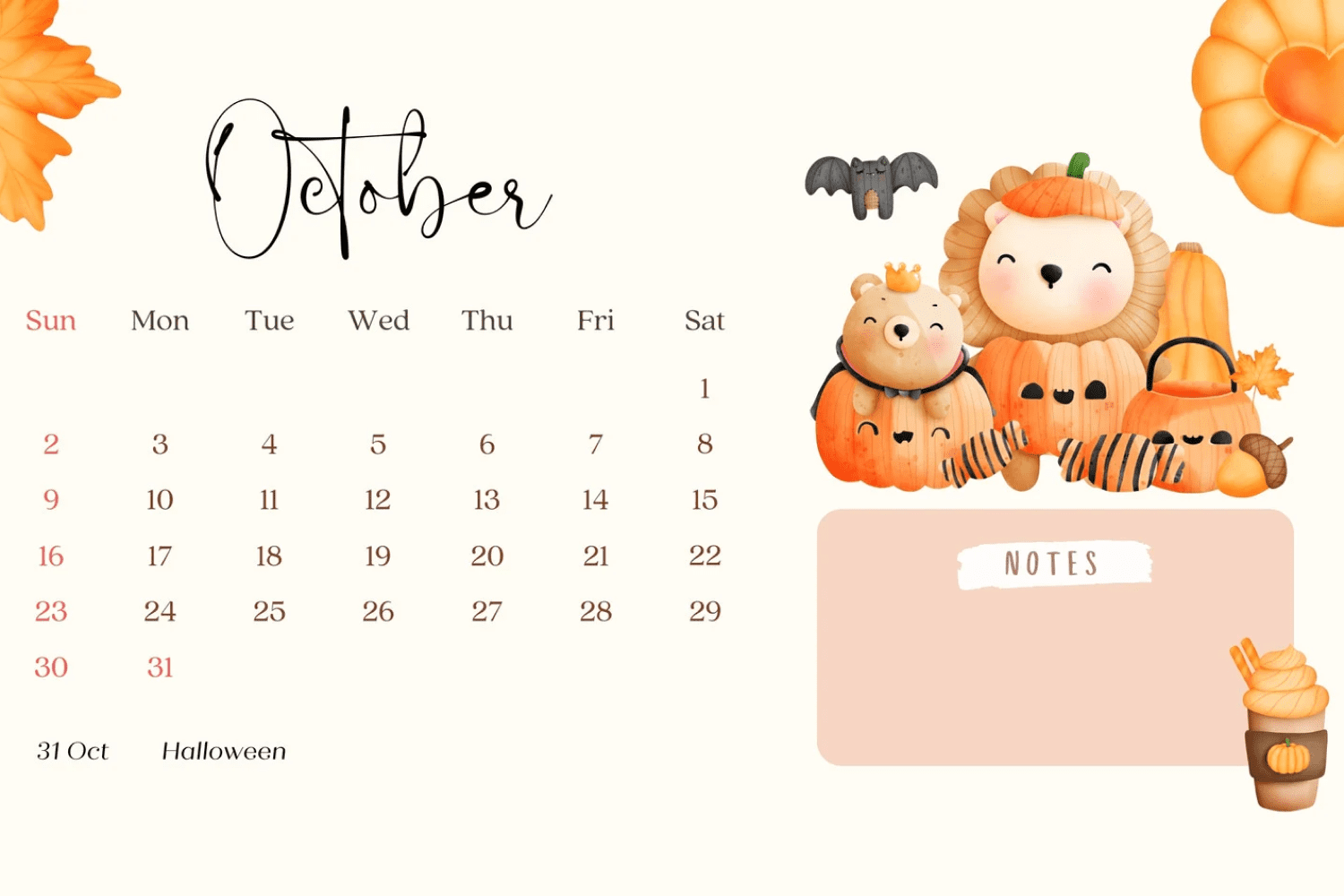 October calendar with cute pumpkins, teddy bears and candies.