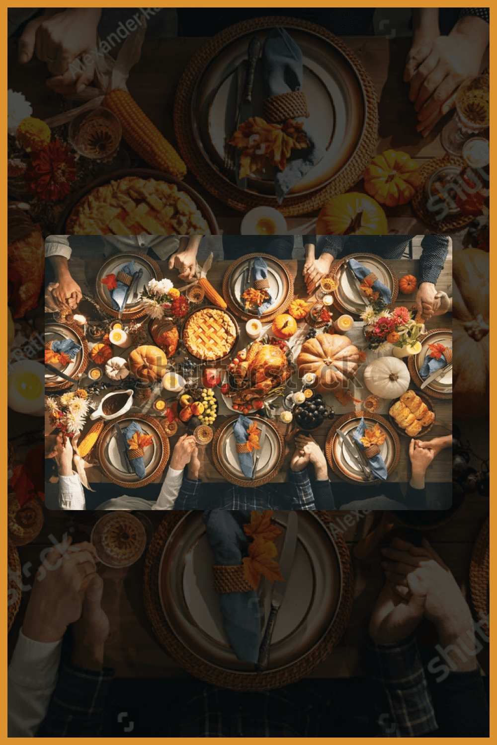 Thanksgiving dinner table photo from above.