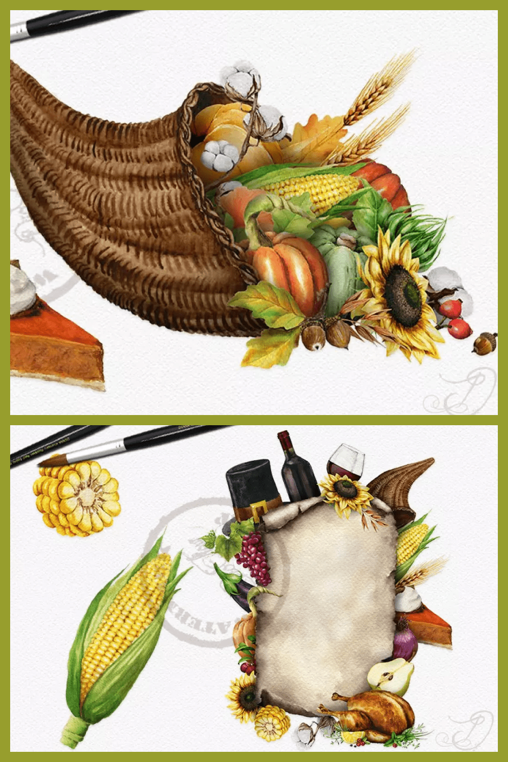 Collage of autumn harvest illustrations in a basket.
