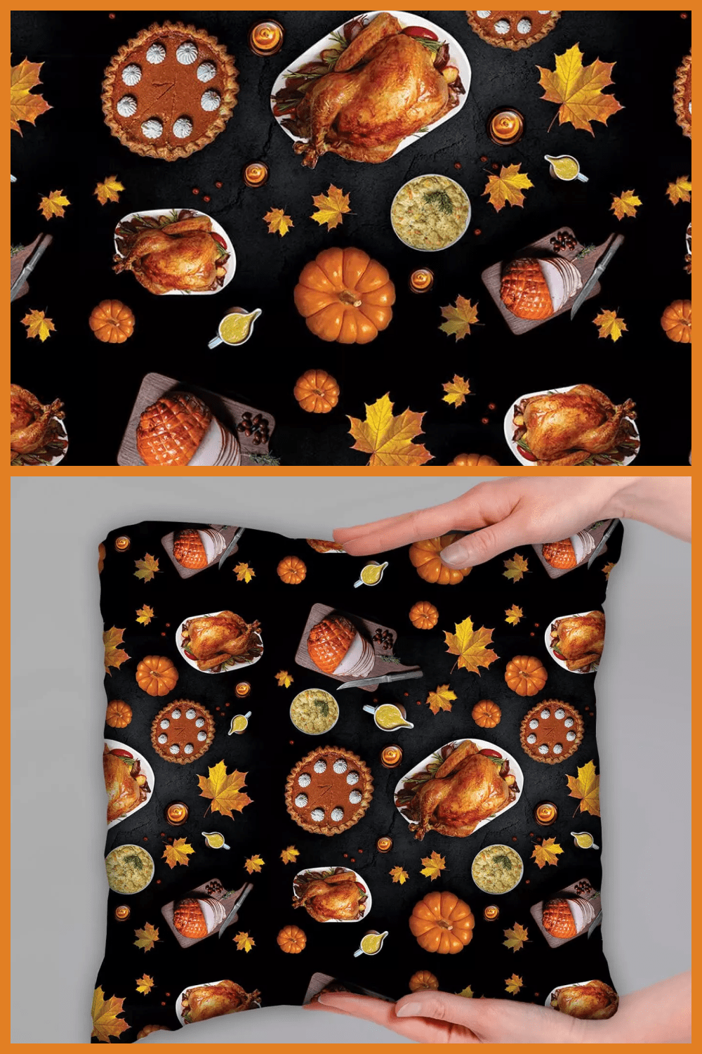 Images of turkey, pumpkin, pie, with yellow leaves on a black background.