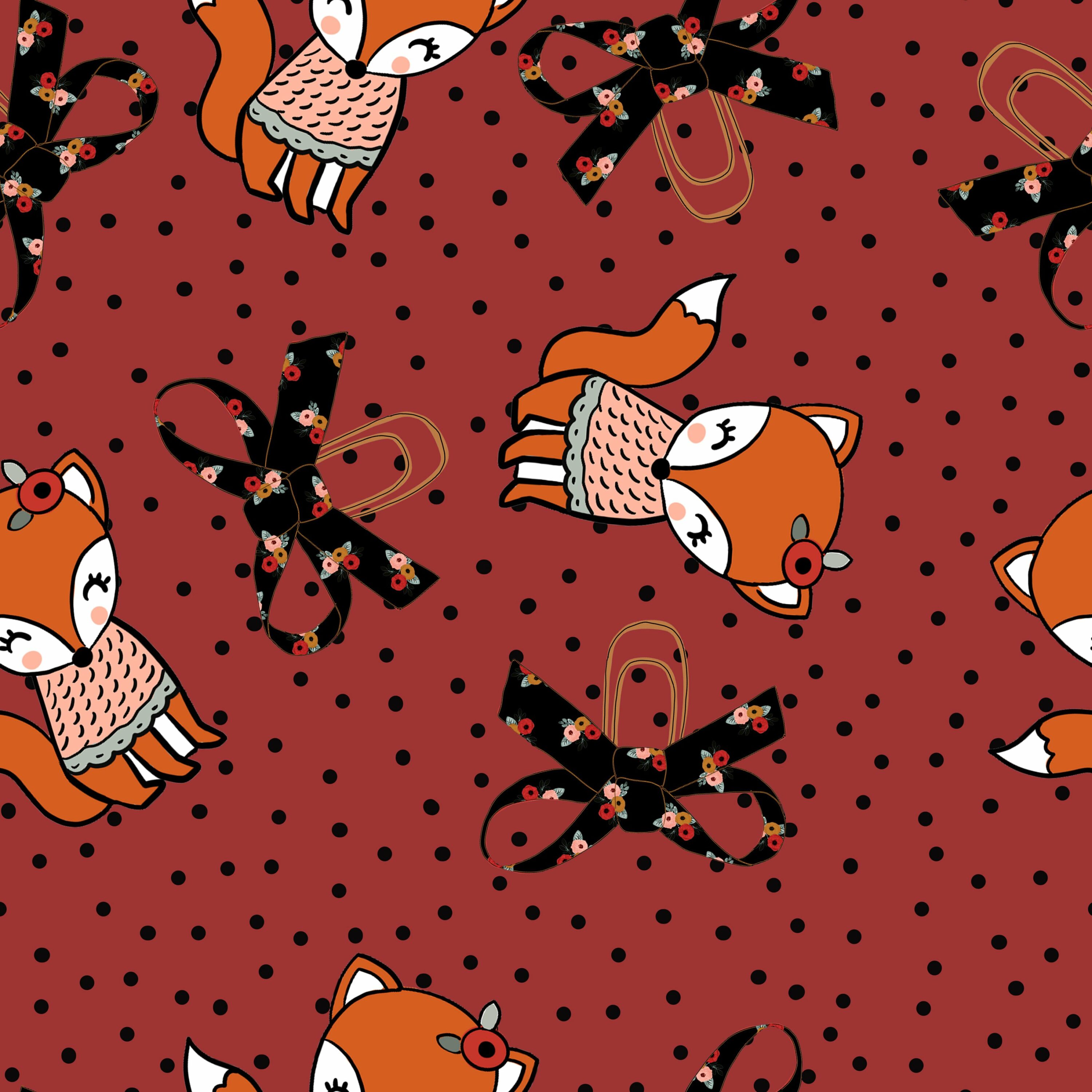 Burgundy background with foxes.