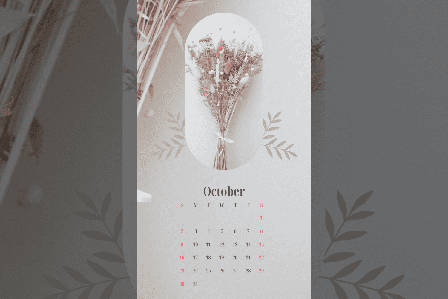 Calendar for October with a photo of a bouquet of dry flowers.