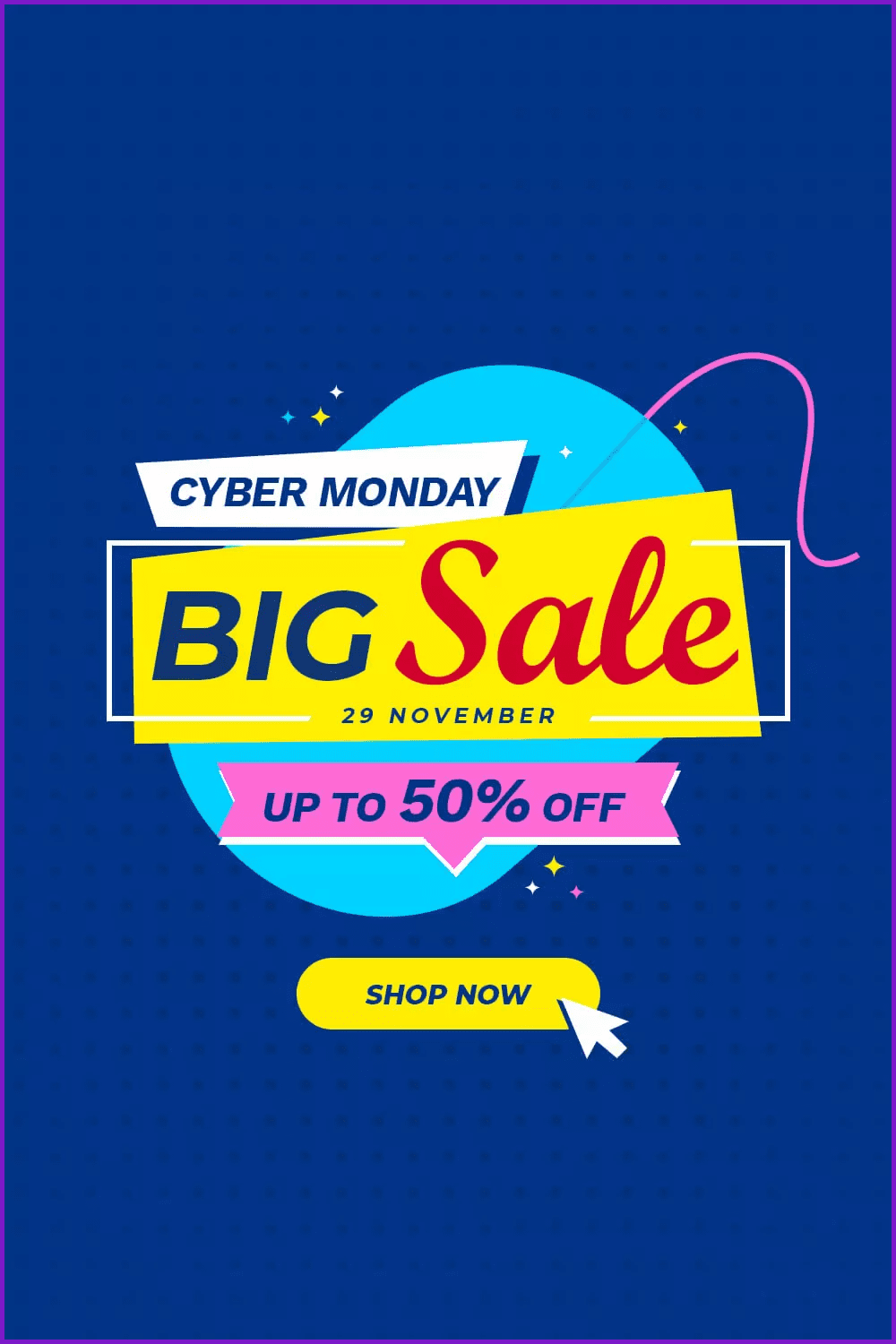 Banner for Cyber Monday with large graphics on a blue background.