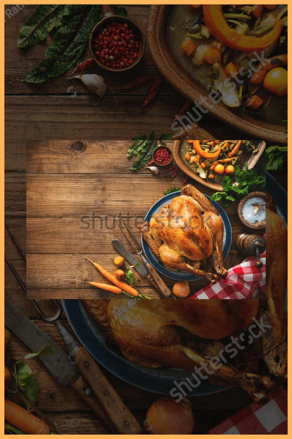 Photo of turkey on thanksgiving dinner table from above.