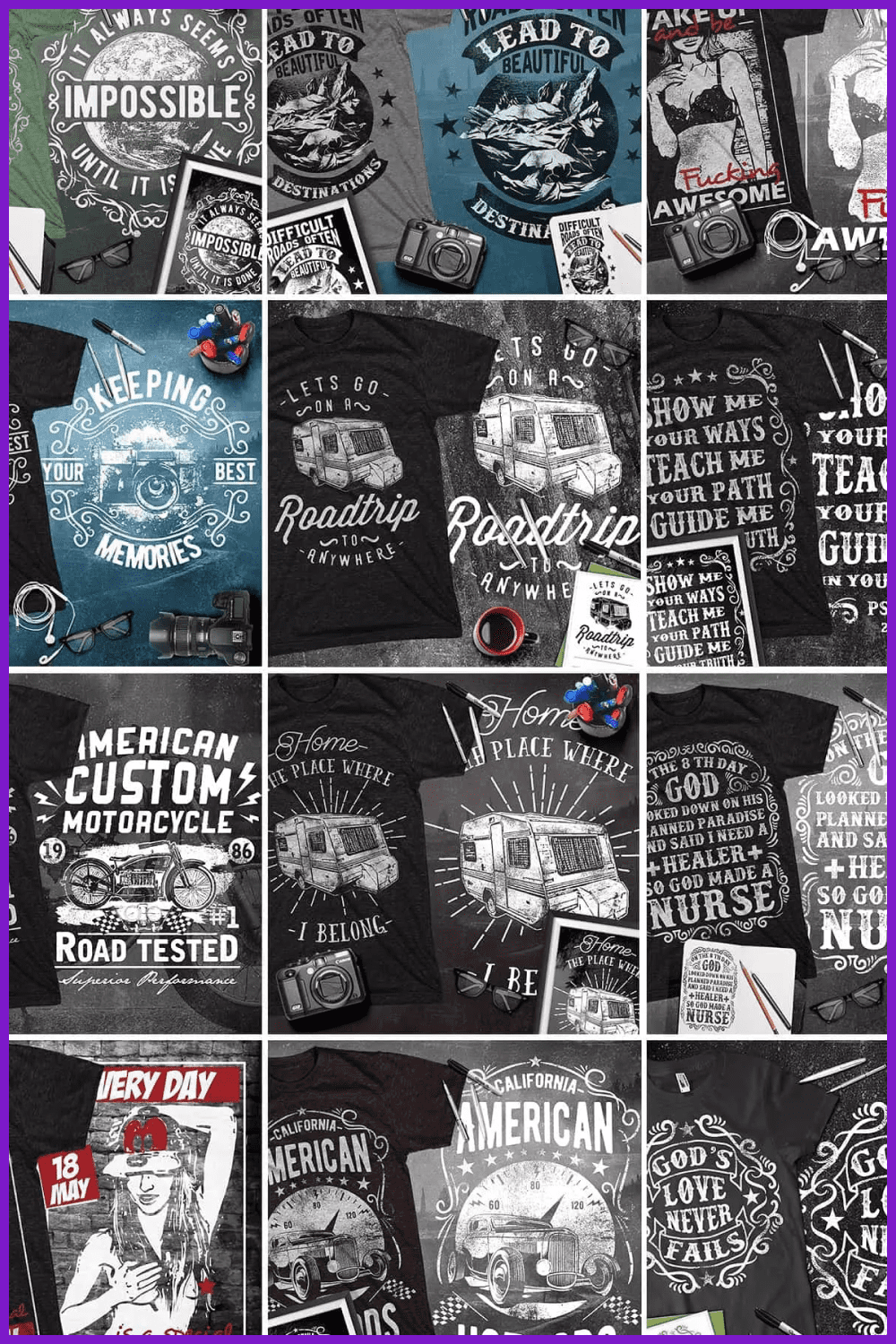 Collage of images for t-shirts with bright black and white prints.