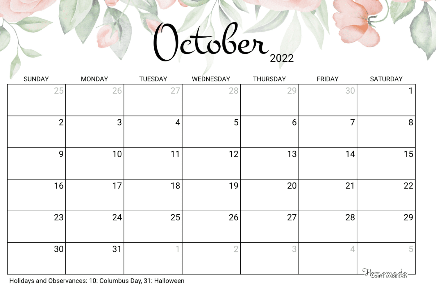 October calendar with watercolor roses.
