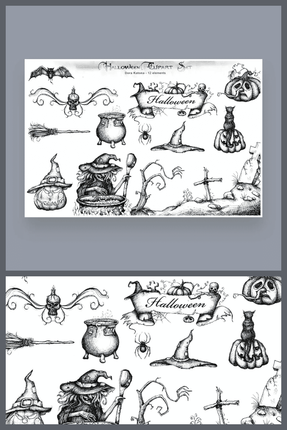 Sketches of a cauldron, witch, pumpkin, broom, hat, spider.