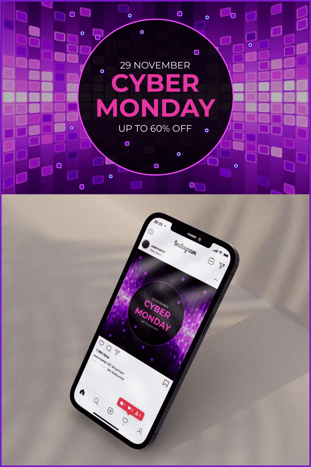 Banner with circle for cyber monday with pink vibrant background.