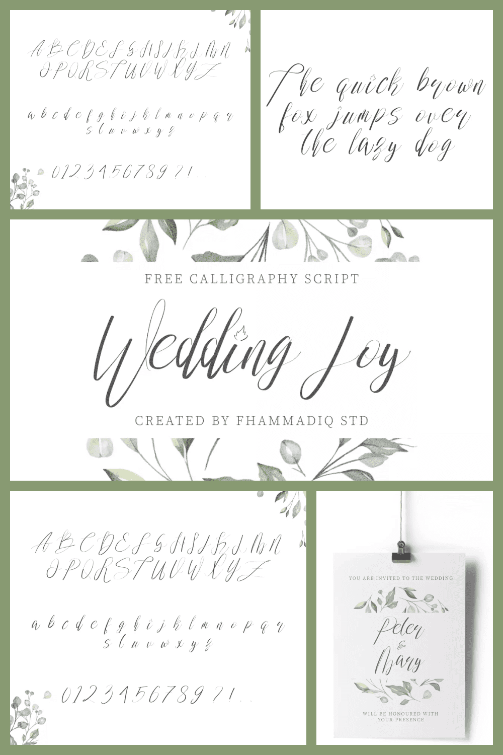 Calligraphic wedding font on green background with flowers.