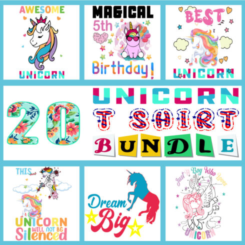 Trendy Unicorn T-shirt Design Bundle cover image.