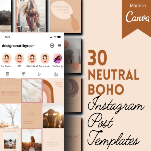 30 Neutral Boho Instagram Post Templates cover image.
