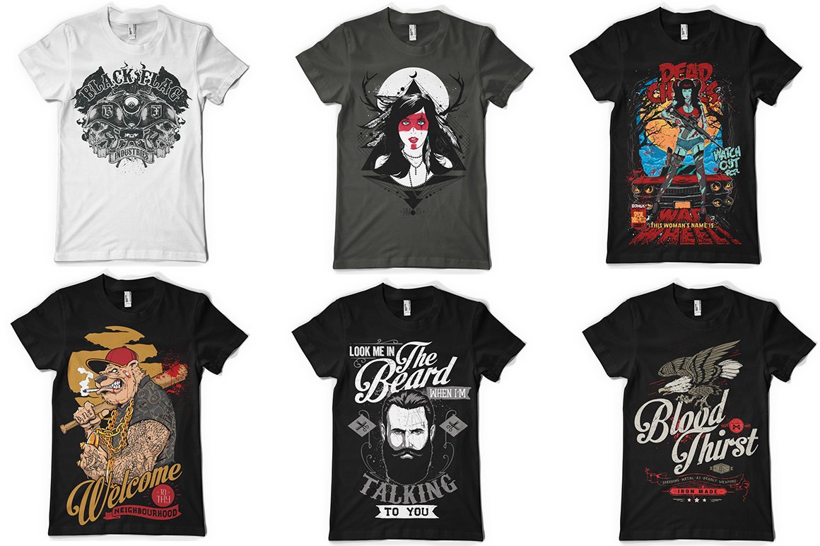 Dark t-shirts and one white with vintage illustrations.