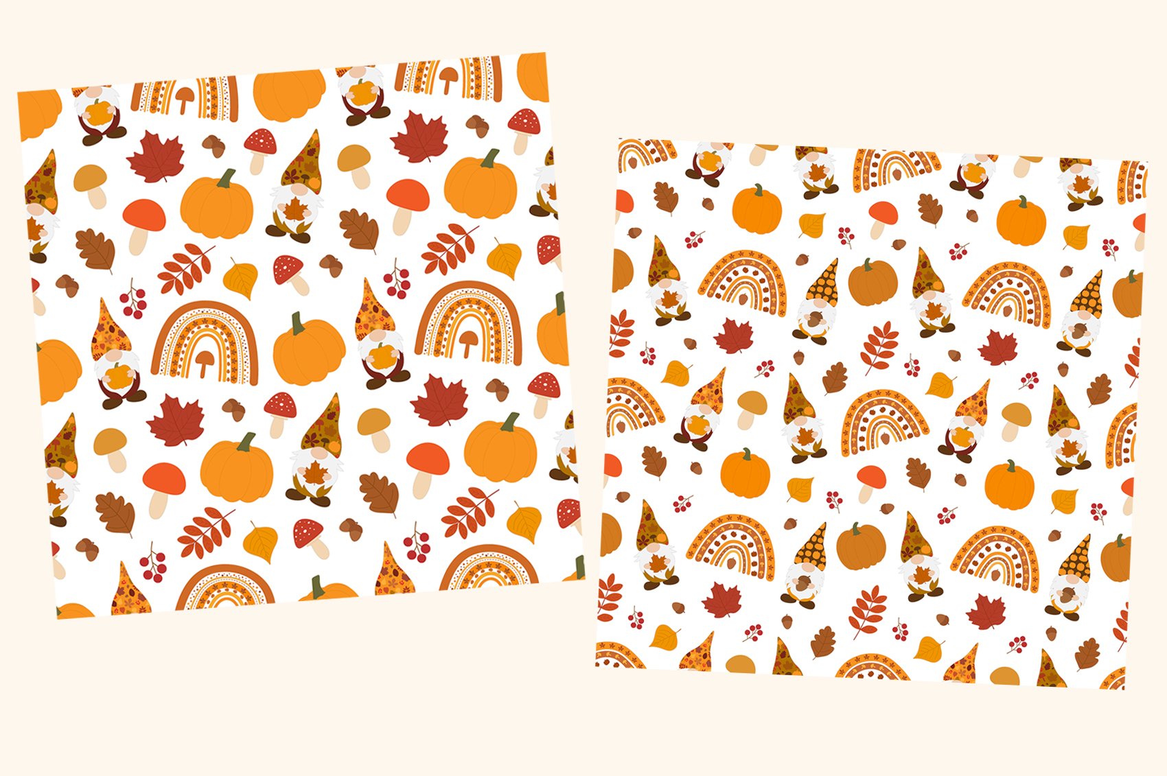 Warm patterns with rainbow, apples and different autumn elements.
