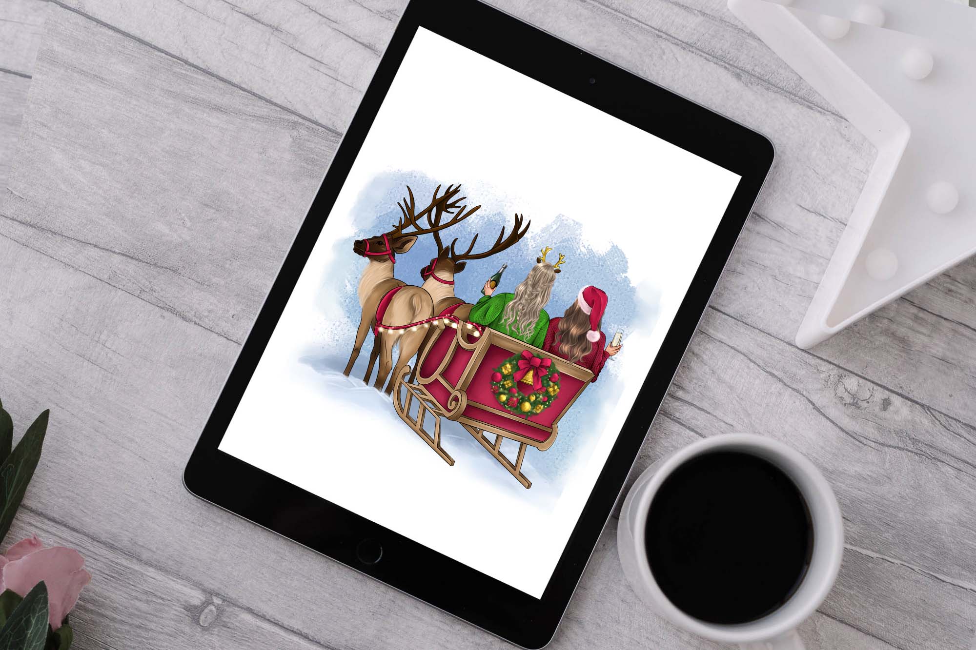 Friends in a Sleigh with Reindeer tablet mockup.