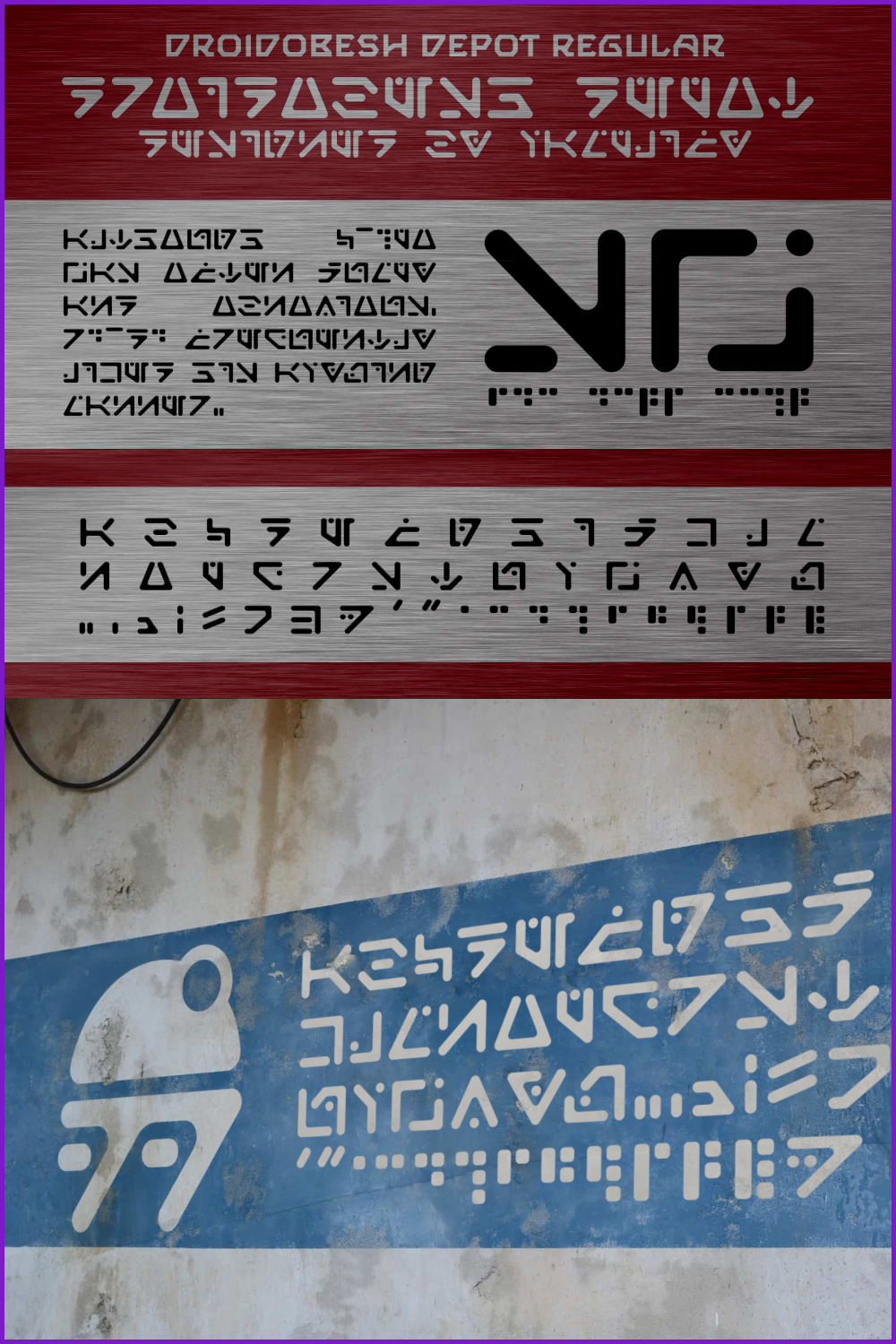 Collage with photos of walls with inscriptions in droid language on a red and blue background.