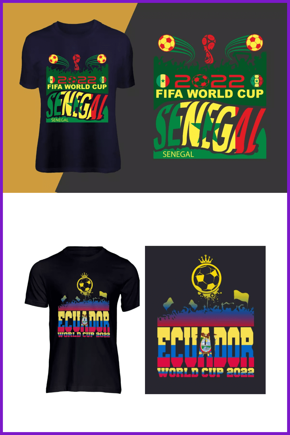 Black t-shirts with the names of the countries of Senegal and Ecuador in the colors of the national flags.