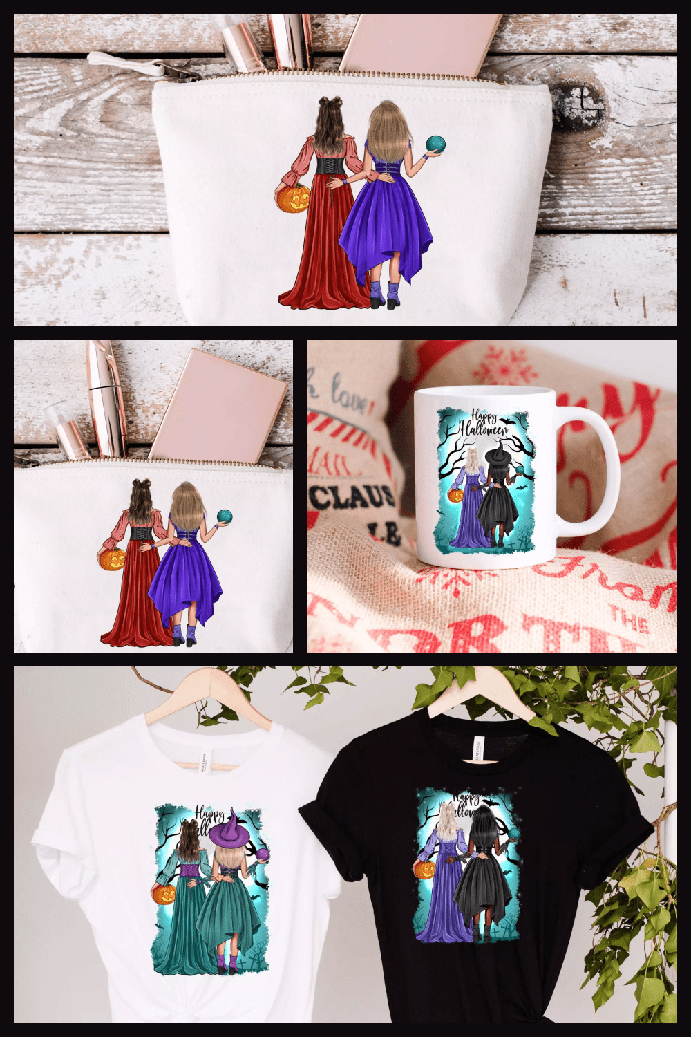 Two witches in a red and purple dress from the back on a bag, mug, t-shirts.