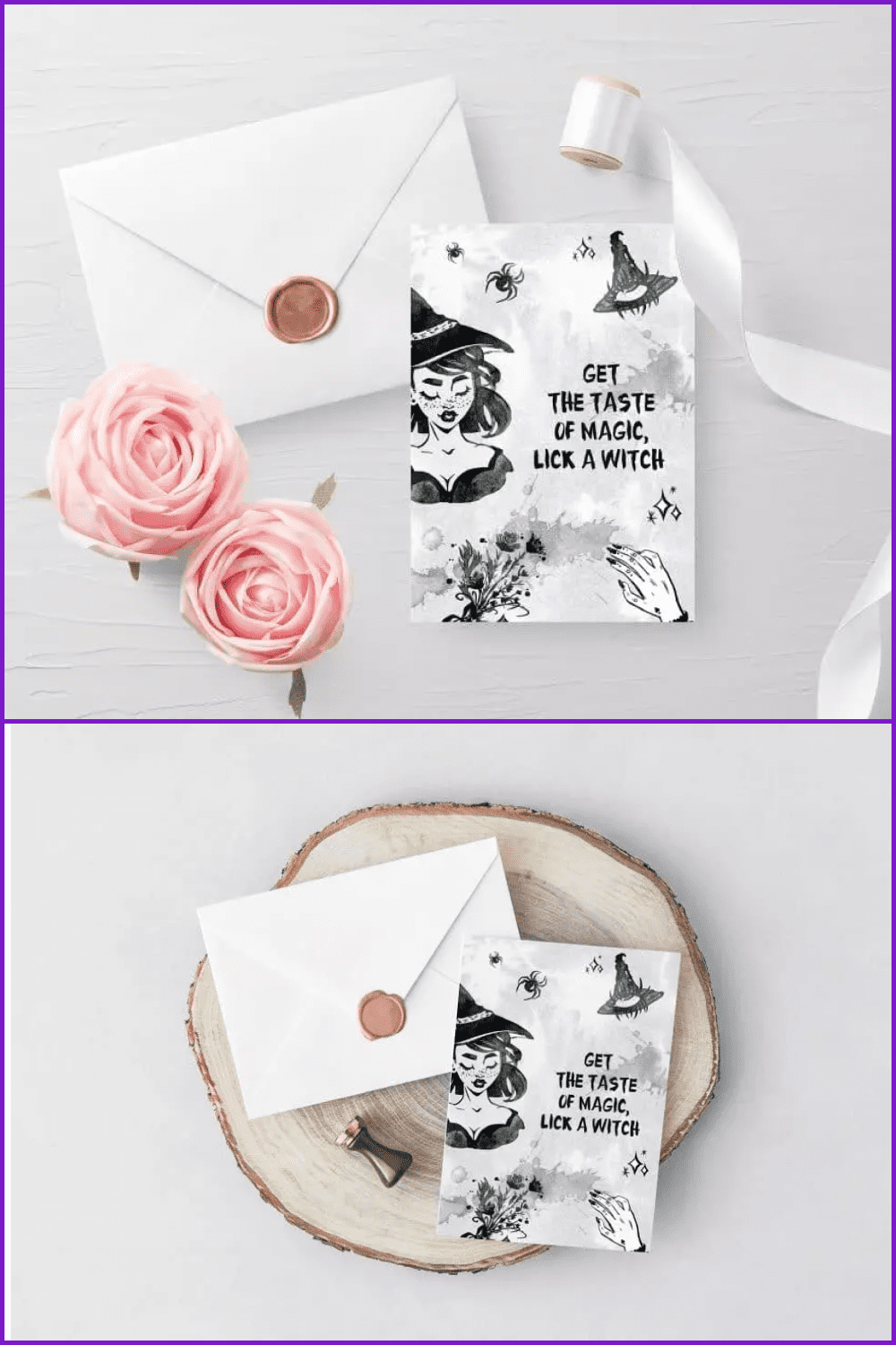 Vintage black and white Halloween card with a witch on the background of an envelope and roses.