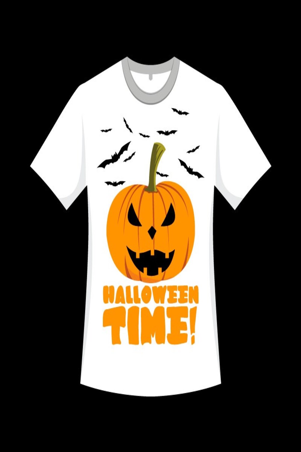 White t-shirt with smiling pumpkin and black bats.