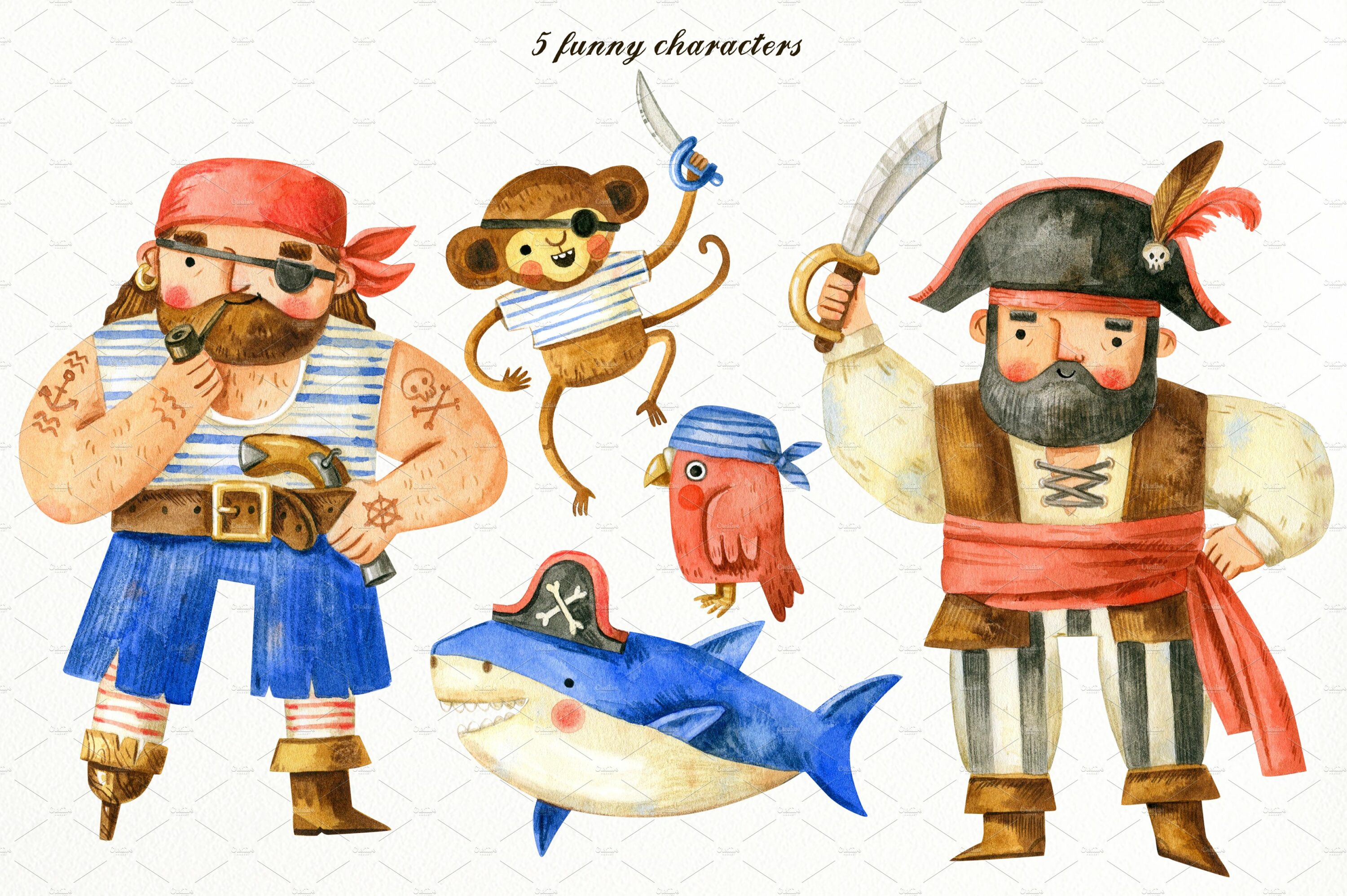 Two pirates and fish in a watercolor.