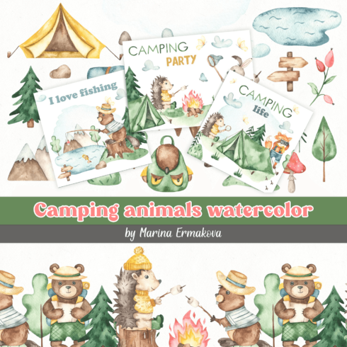 Camping animals watercolor.