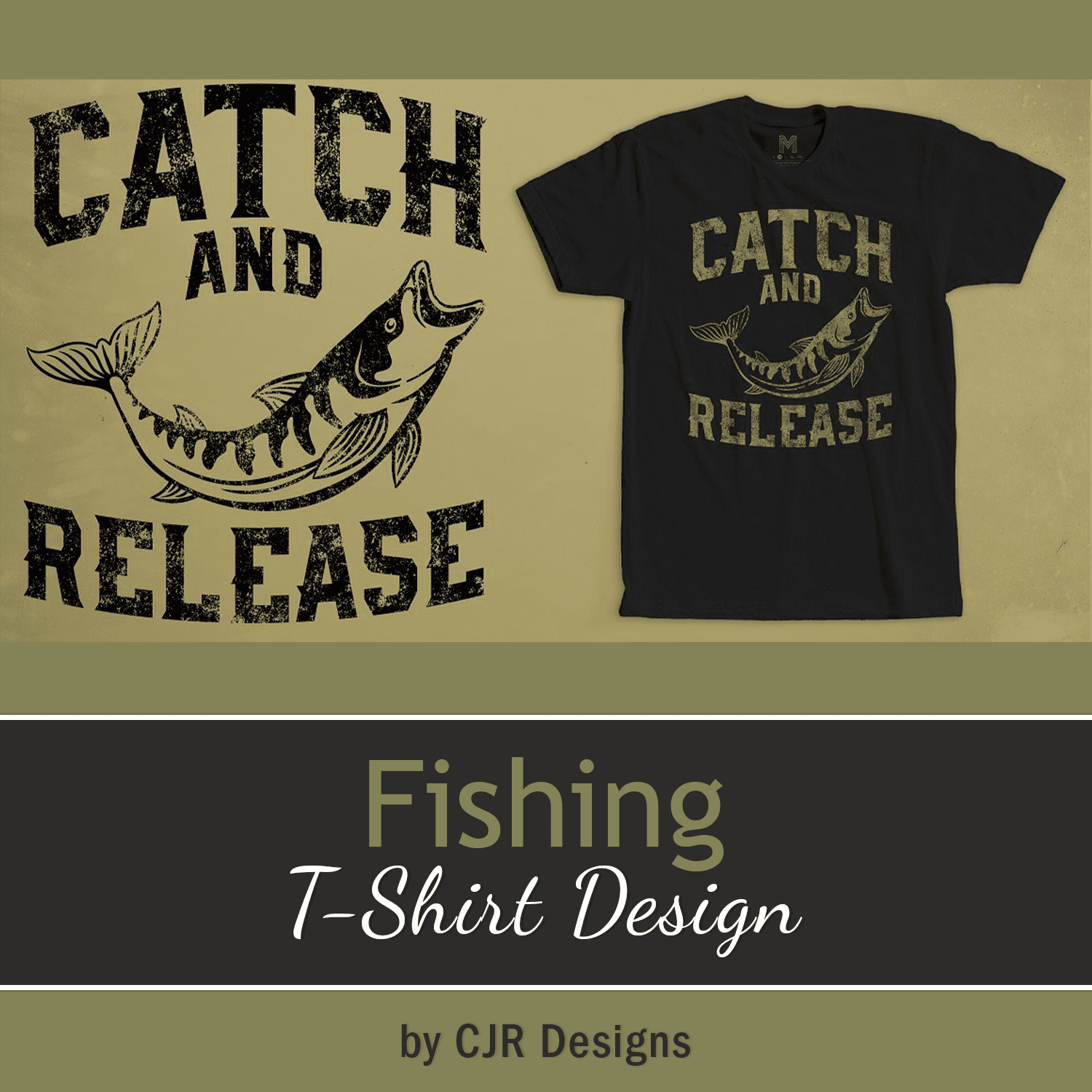 Black T-shirt with a gorgeous fishing theme.