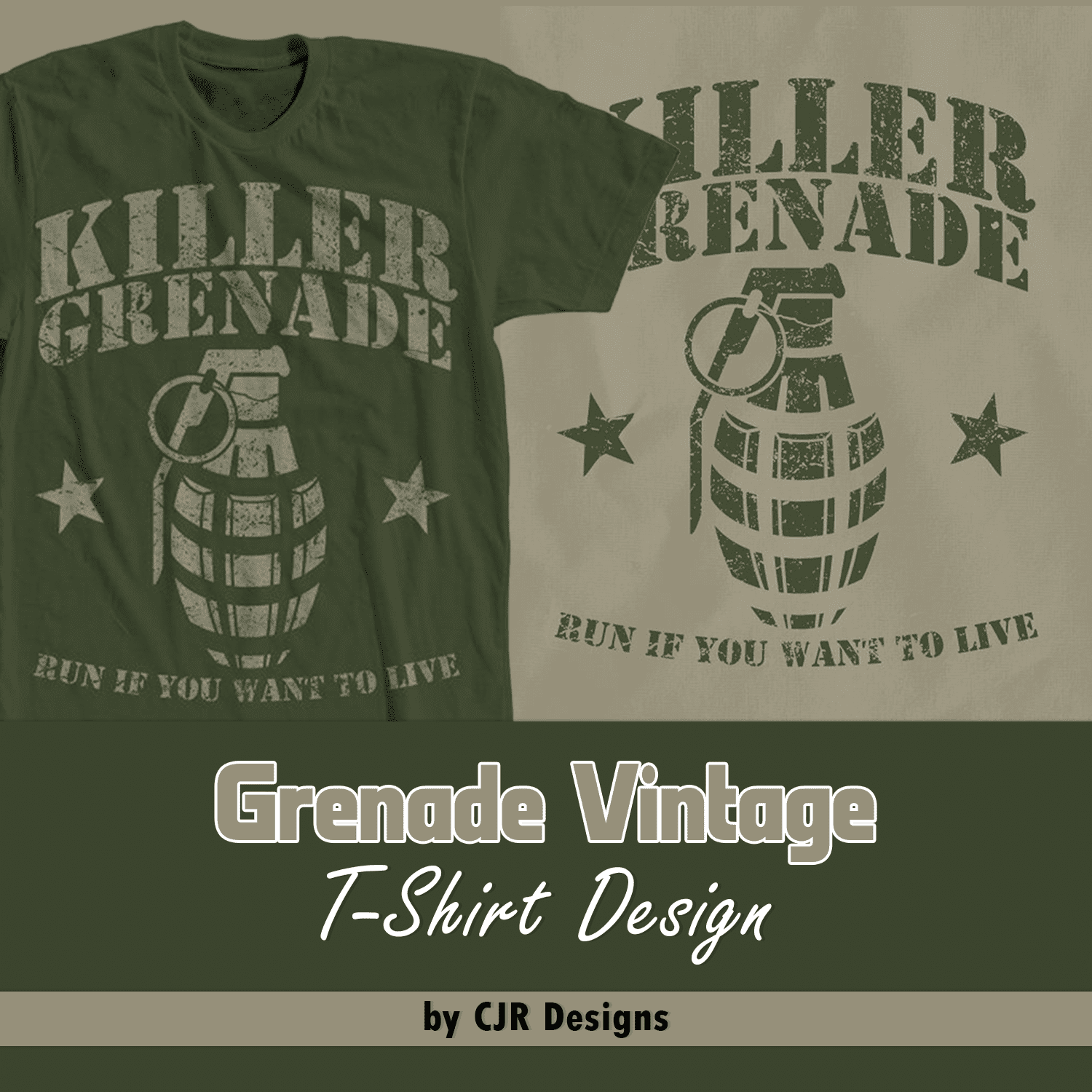 Green T-shirt with gorgeous grenade print and lettering.