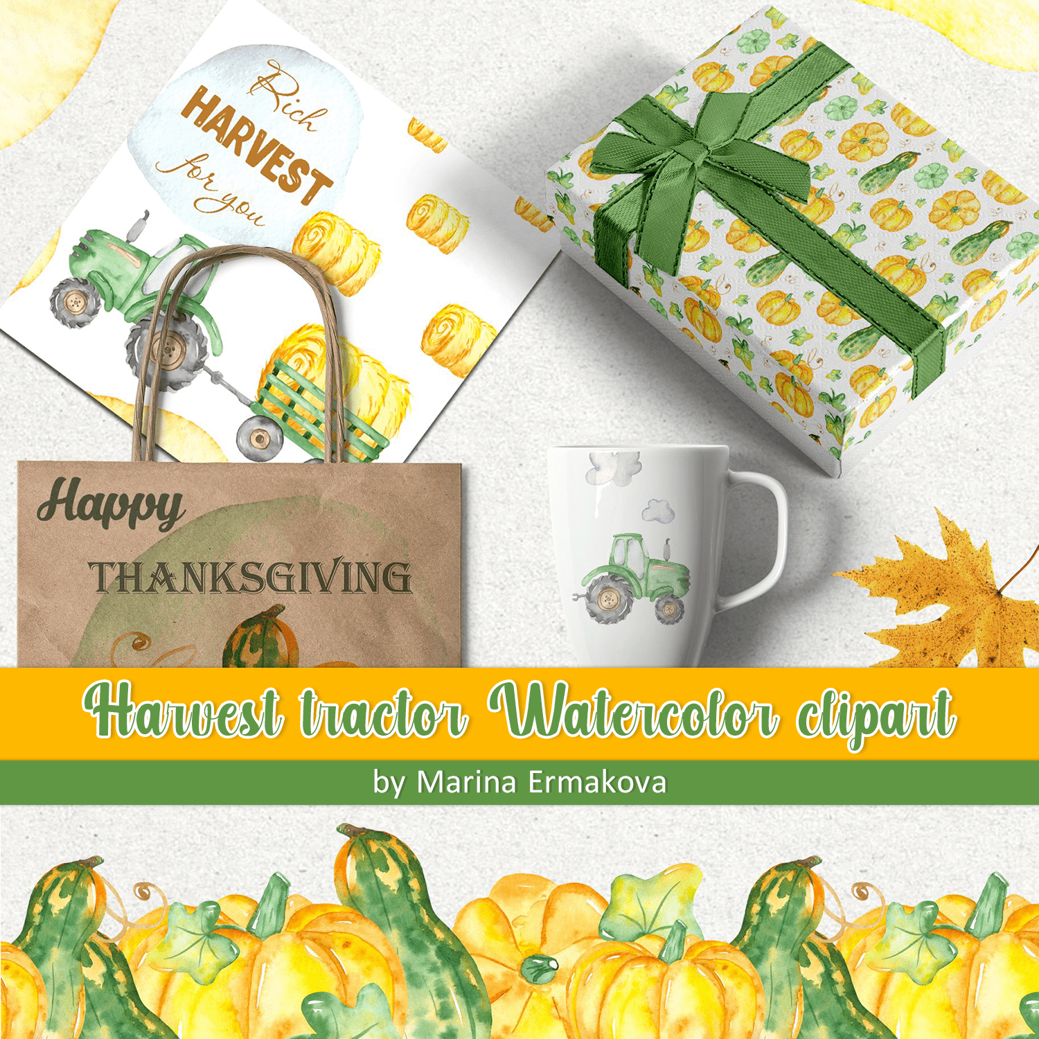 Harvest tractor Watercolor clipart cover.