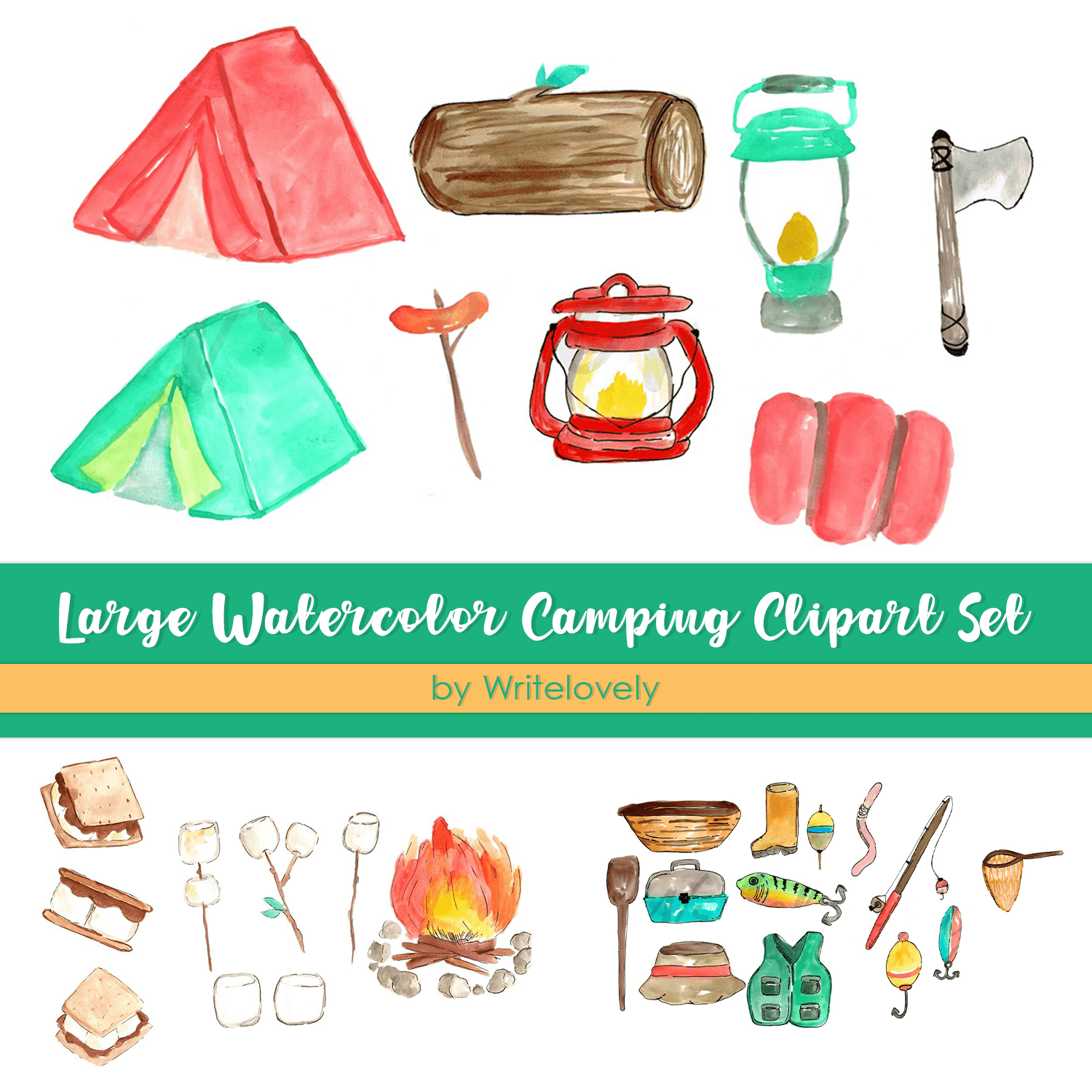 Large Watercolor Camping Clipart Set created by Writelovely.