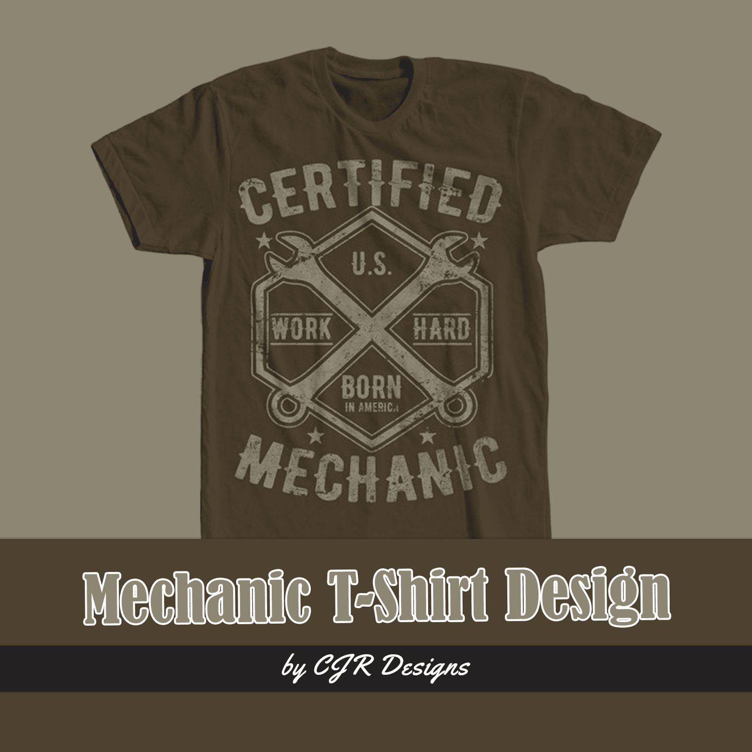 Dark green T-shirt with colorful wrench print.